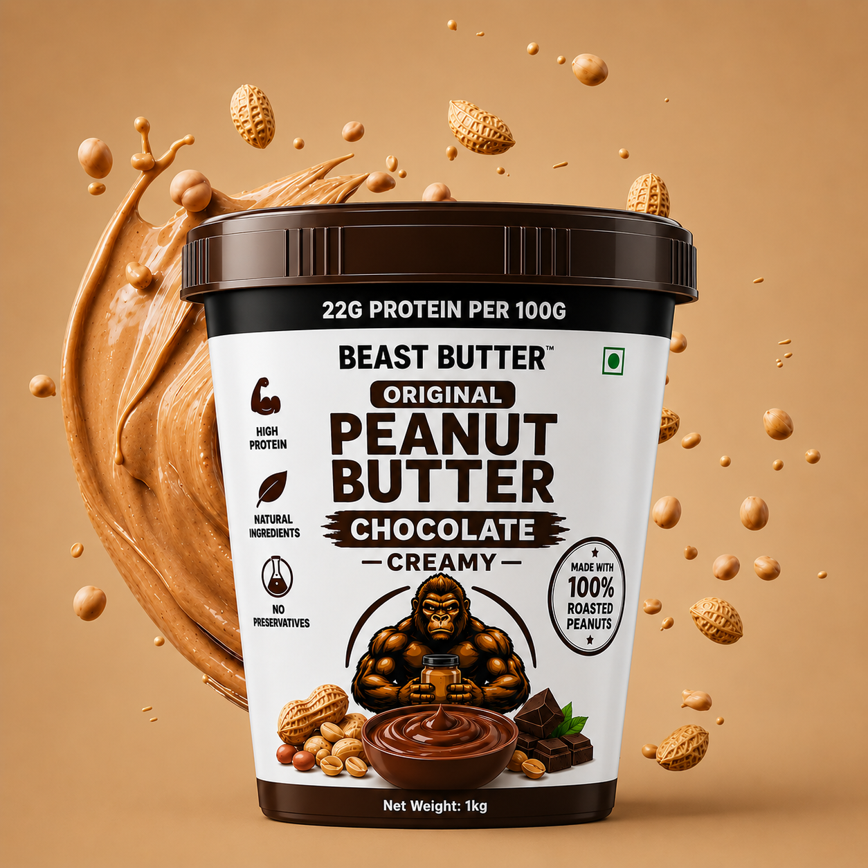 Beast Butter Original Chocolate Creamy Peanut Butter Jar 1KG - Hover View