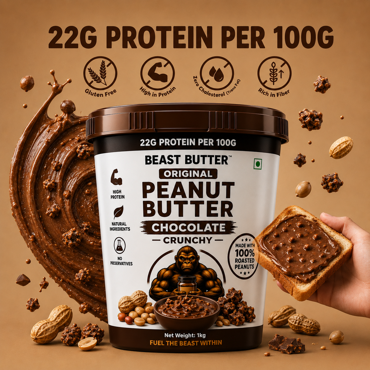 Beast Butter Original Chocolate Crunchy Peanut Butter Jar 1KG - Hover View