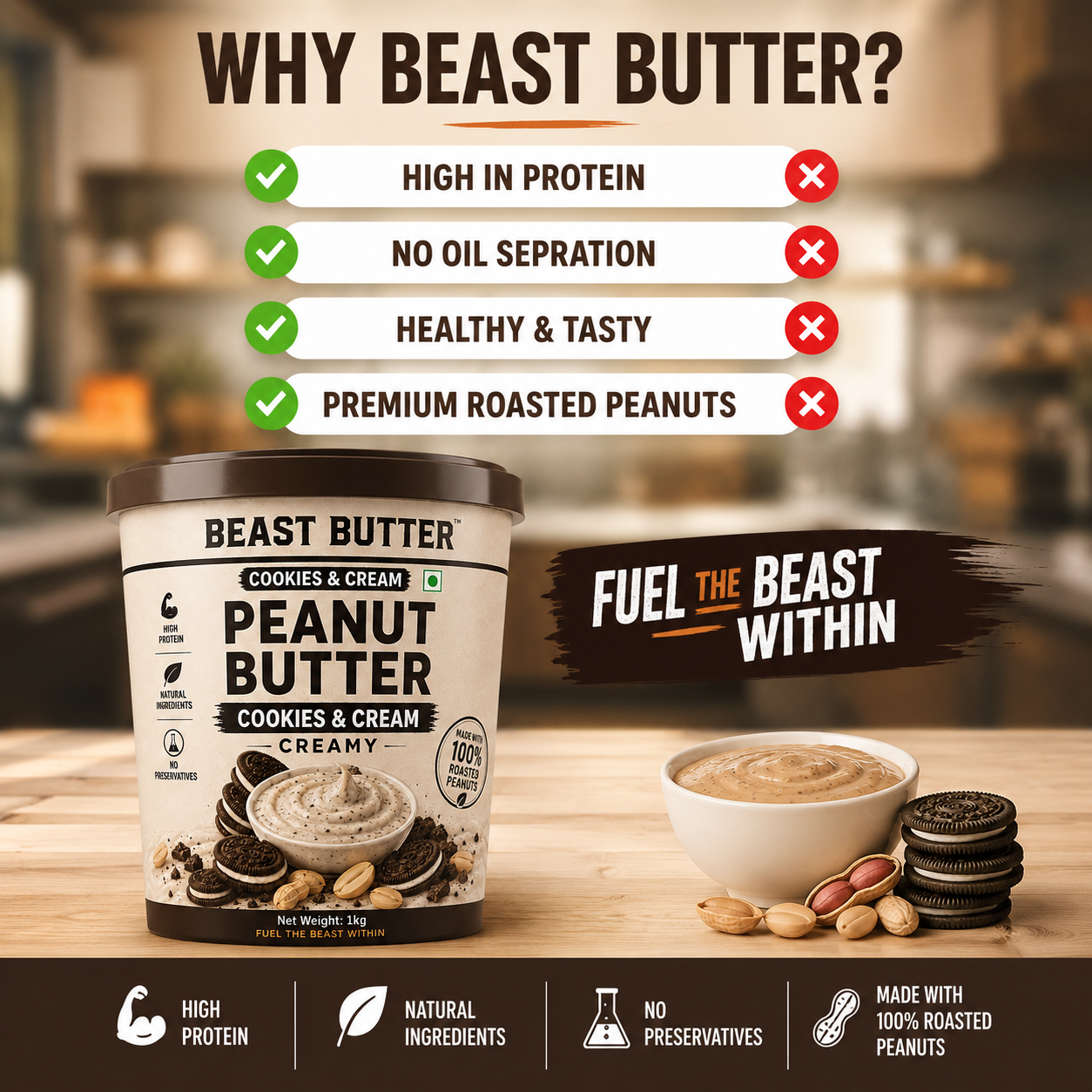 Beast Butter Cookies & Cream Creamy Peanut Butter Jar 1KG - Hover View