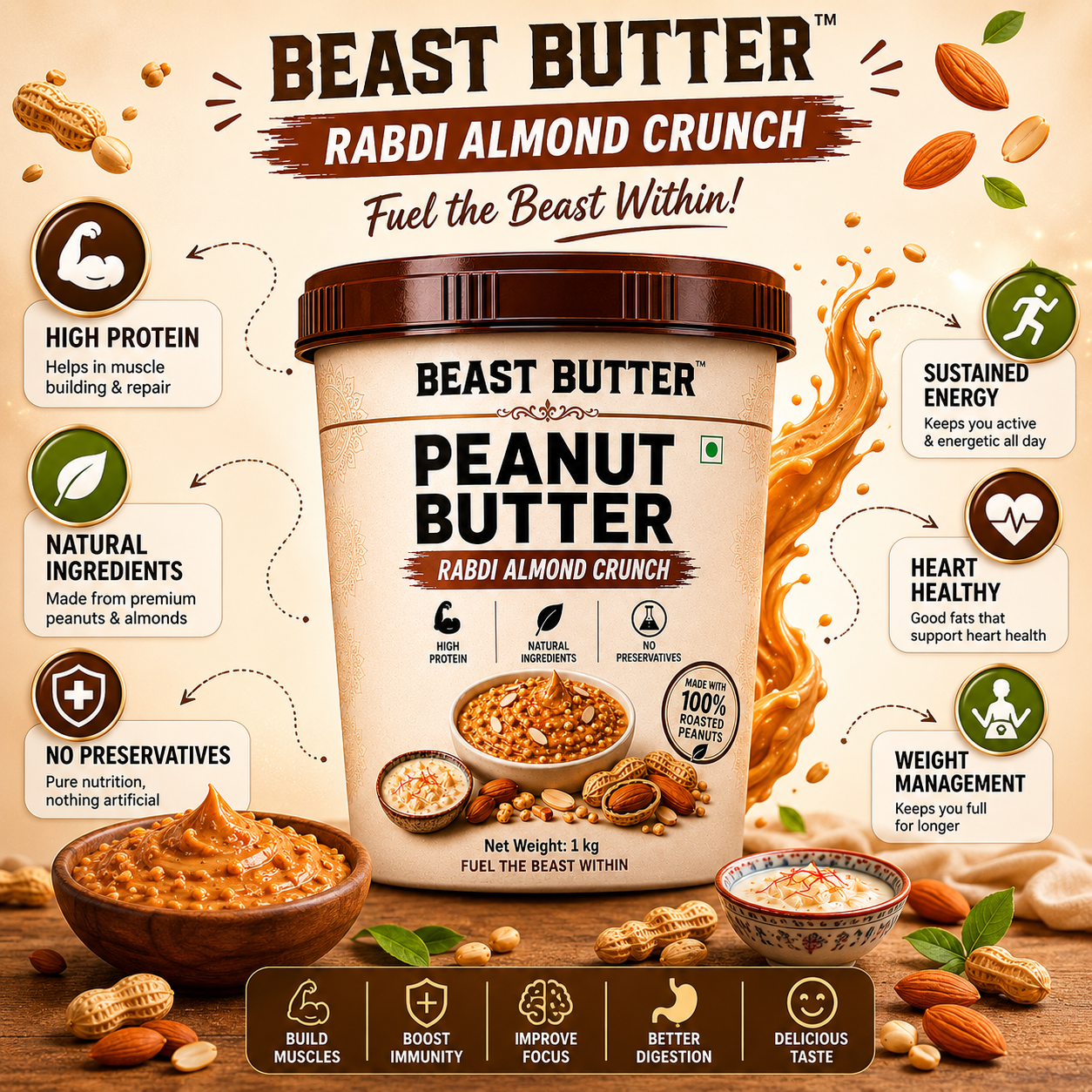 Beast Butter Rabdi Almond Crunch Peanut Butter Jar 1KG - Hover View